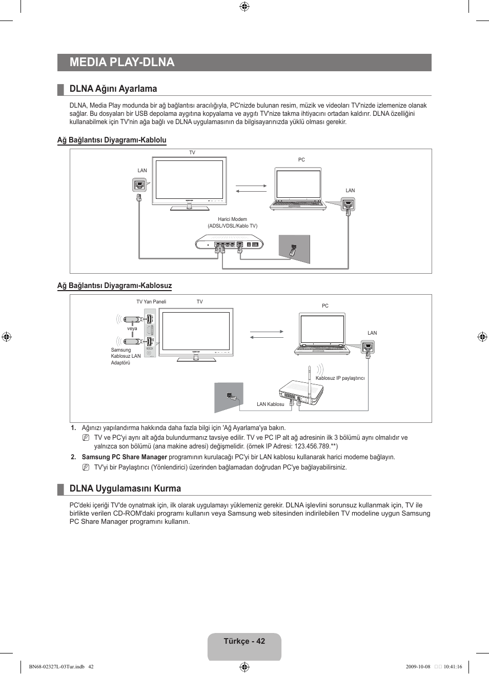 Media play-dlna, Dlna ağını ayarlama, Dlna uygulamasını kurma | Samsung LE52B750U1W User Manual | Page 636 / 674