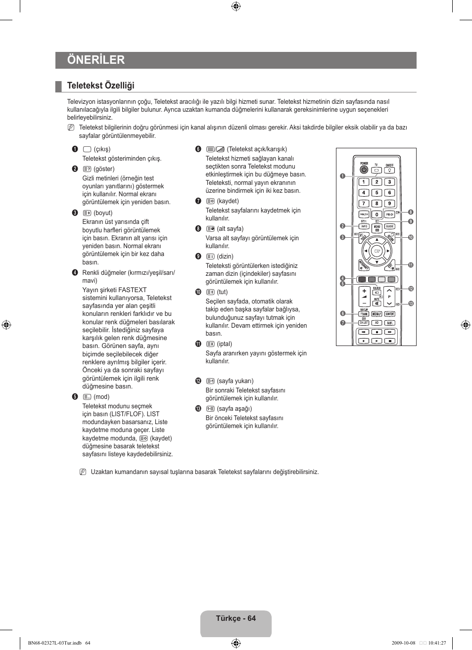 Öneriler, Teletekst özelliği | Samsung LE52B750U1W User Manual | Page 658 / 674