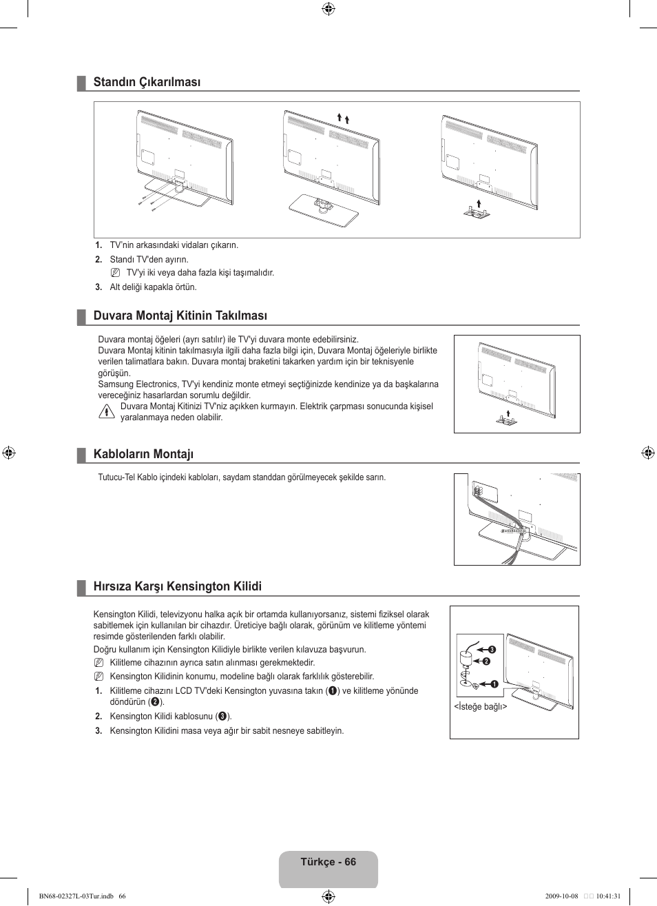 Standın çıkarılması, Duvara montaj kitinin takılması, Kabloların montajı | Hırsıza karşı kensington kilidi | Samsung LE52B750U1W User Manual | Page 660 / 674
