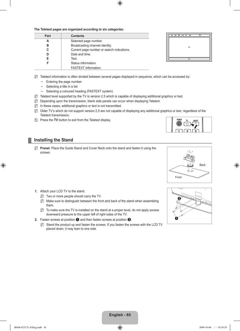 Installing the stand | Samsung LE52B750U1W User Manual | Page 67 / 674