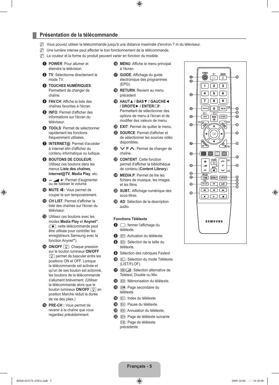 Présentation de la télécommande | Samsung LE52B750U1W User Manual | Page 93 / 674