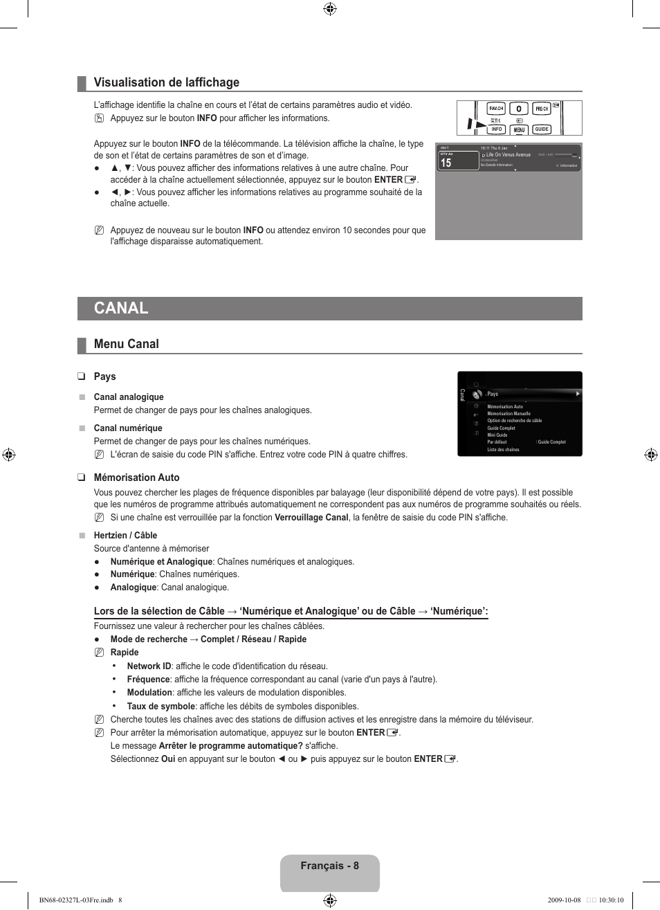 Canal, Visualisation de laffichage, Menu canal | Samsung LE52B750U1W User Manual | Page 96 / 674