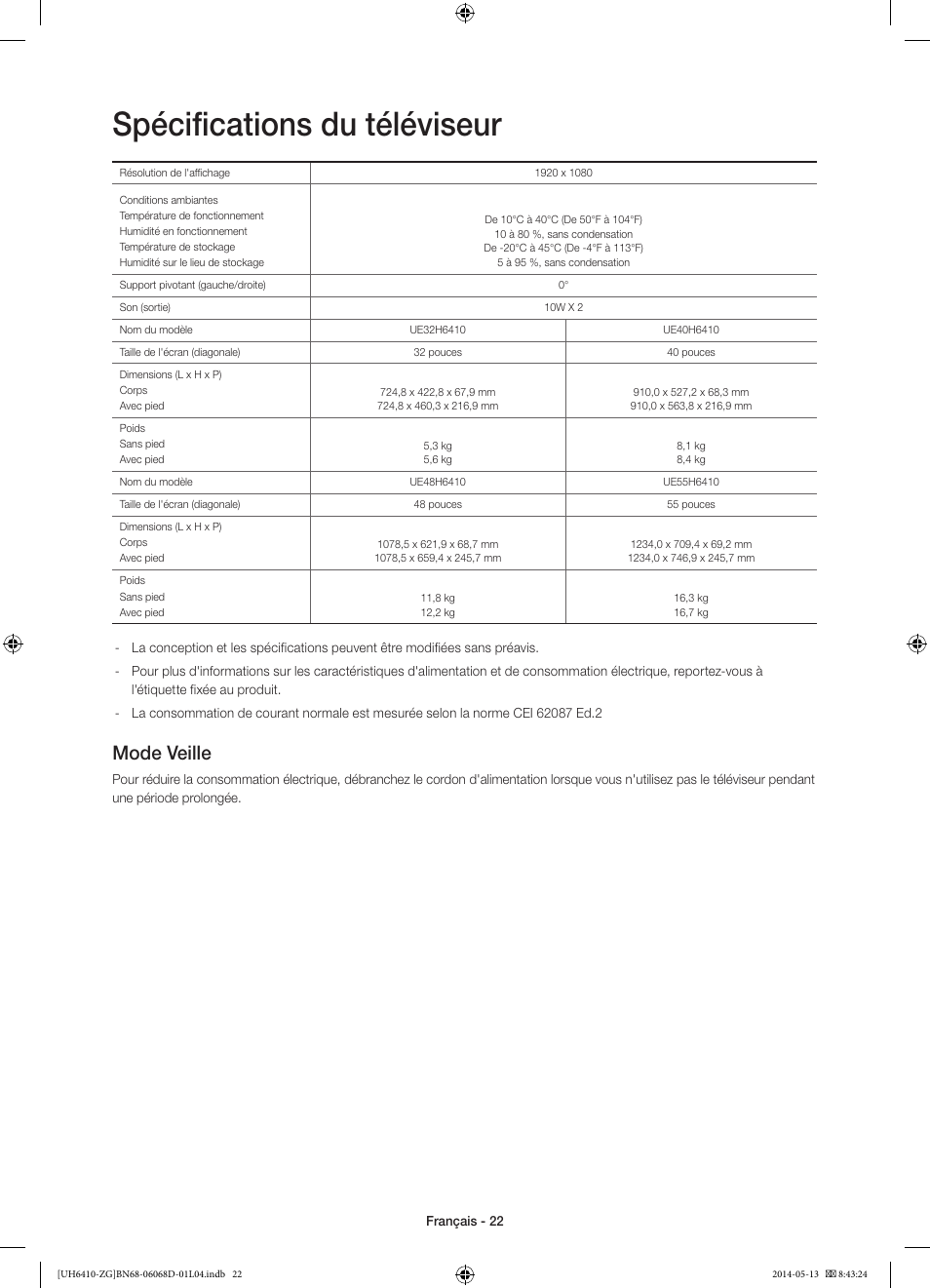 Spécifications du téléviseur, Mode veille | Samsung UE40H6410SS User Manual | Page 66 / 89