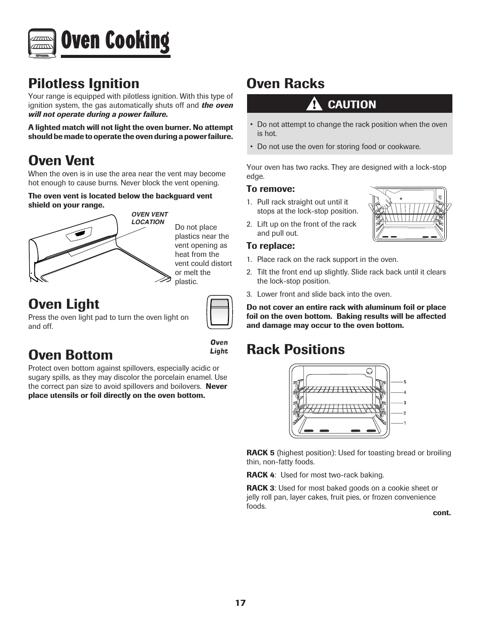 Oven cooking, Oven vent, Oven light | Oven bottom, Pilotless ignition, Oven racks, Rack positions | Amana 8113P515-60 User Manual | Page 18 / 88