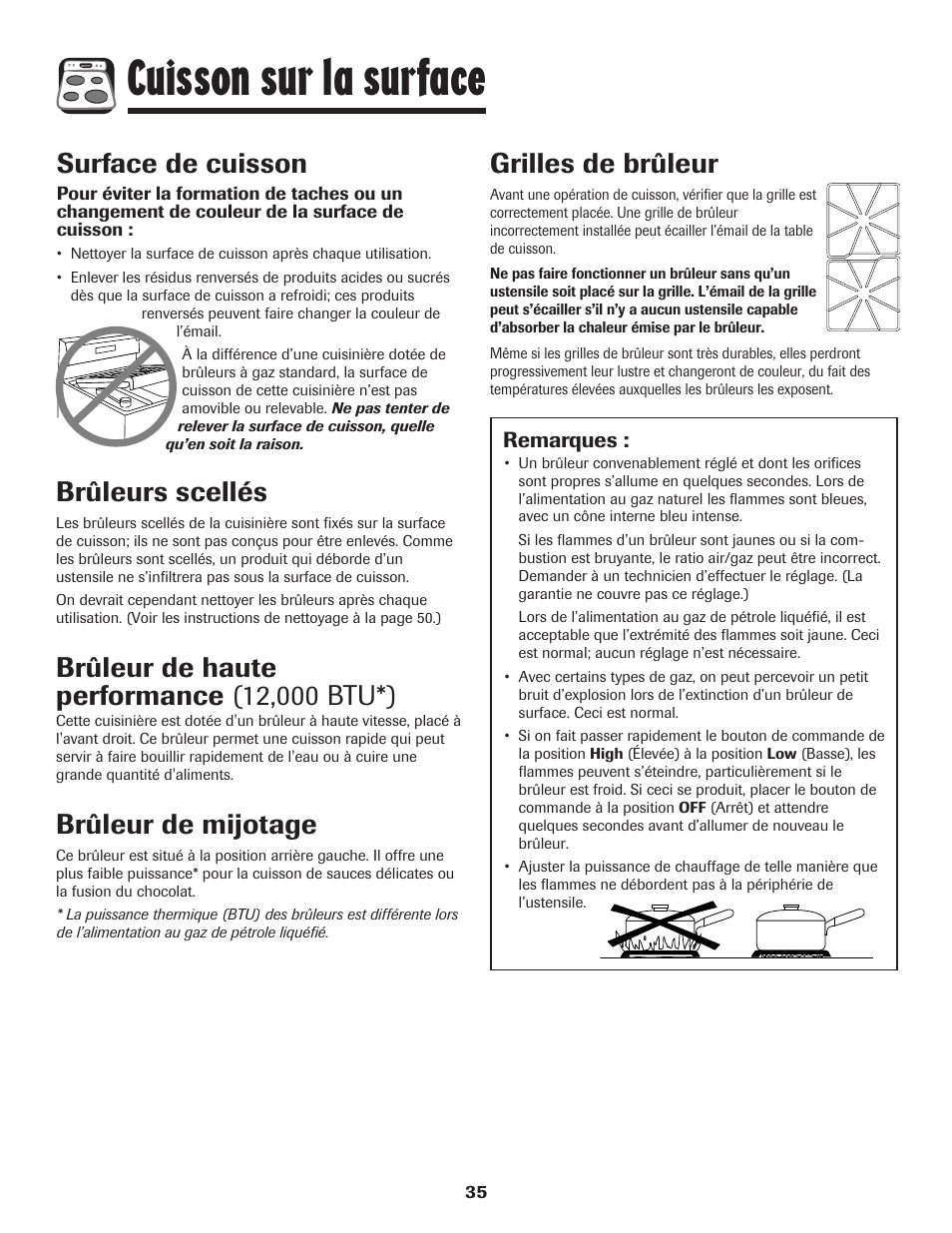 Cuisson sur la surface, Surface de cuisson, Brûleurs scellés | Brûleur de mijotage, Grilles de brûleur | Amana 8113P515-60 User Manual | Page 36 / 88