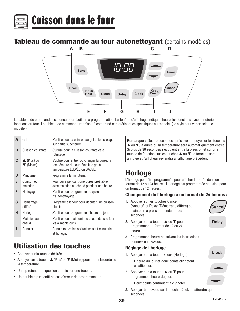 Cuisson dans le four, Utilisation des touches, Horloge | Tableau de commande au four autonettoyant, Certains modèles) | Amana 8113P515-60 User Manual | Page 40 / 88