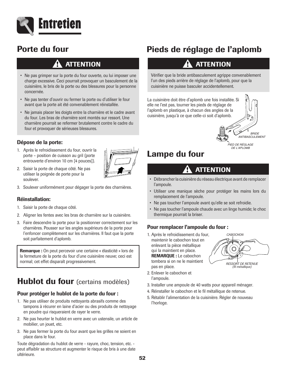 Entretien, Hublot du four, Pieds de réglage de l’aplomb | Porte du four, Lampe du four, Certains modèles), Attention | Amana 8113P515-60 User Manual | Page 53 / 88