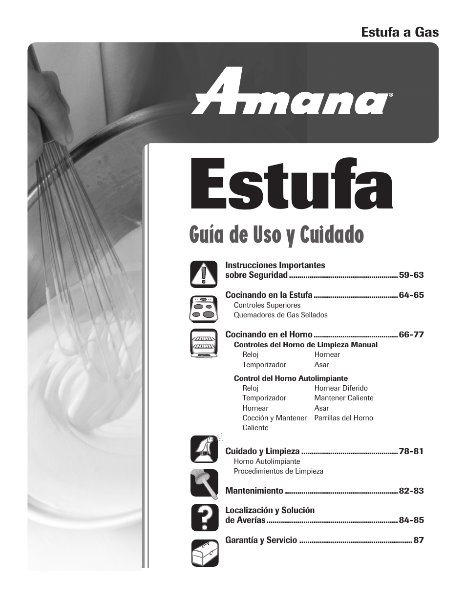 Estufa, Guía de uso y cuidado, Estufa a gas | Amana 8113P515-60 User Manual | Page 59 / 88