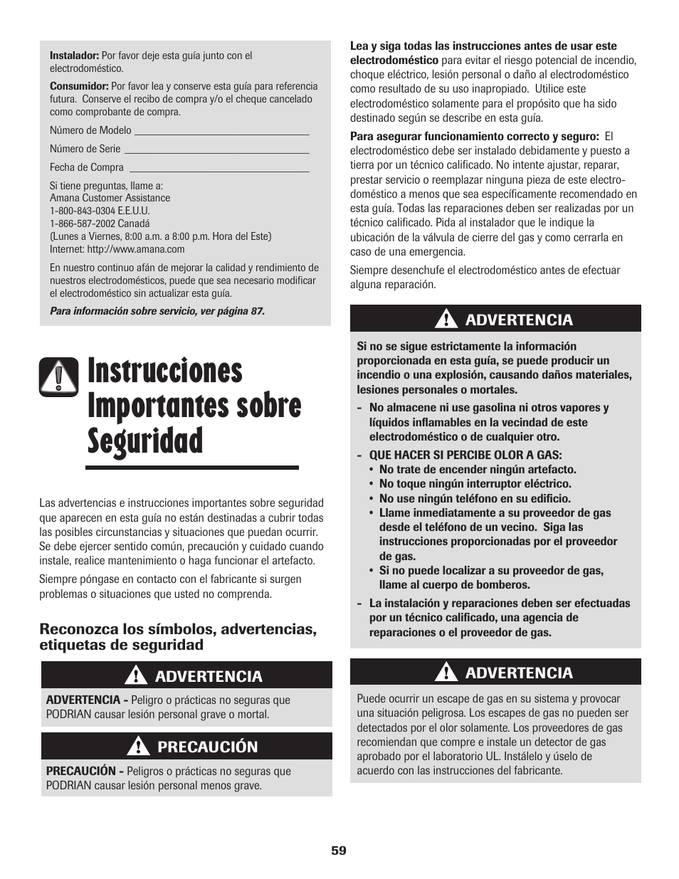 Instrucciones importantes sobre seguridad | Amana 8113P515-60 User Manual | Page 60 / 88