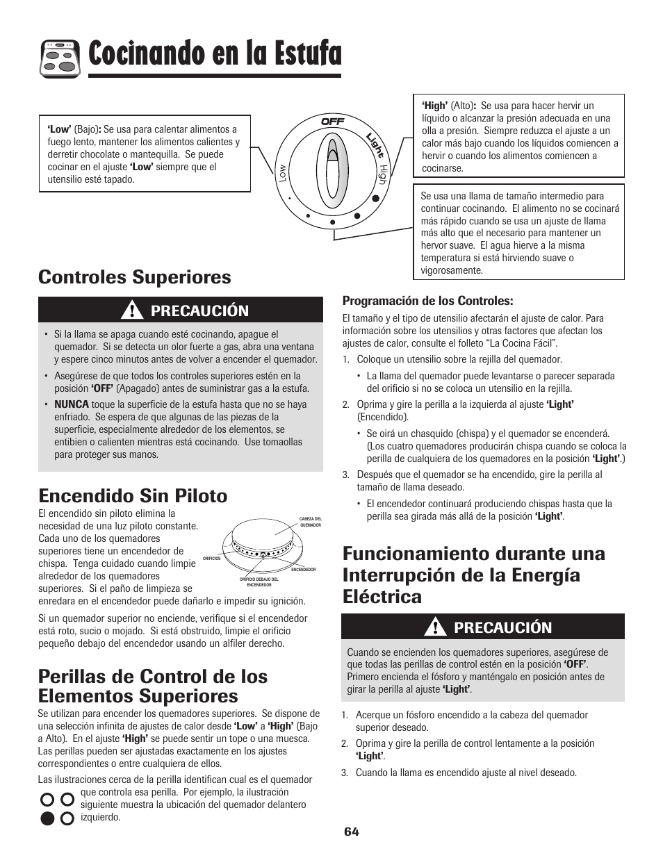 Cocinando en la estufa, Controles superiores encendido sin piloto, Precaución | Amana 8113P515-60 User Manual | Page 65 / 88