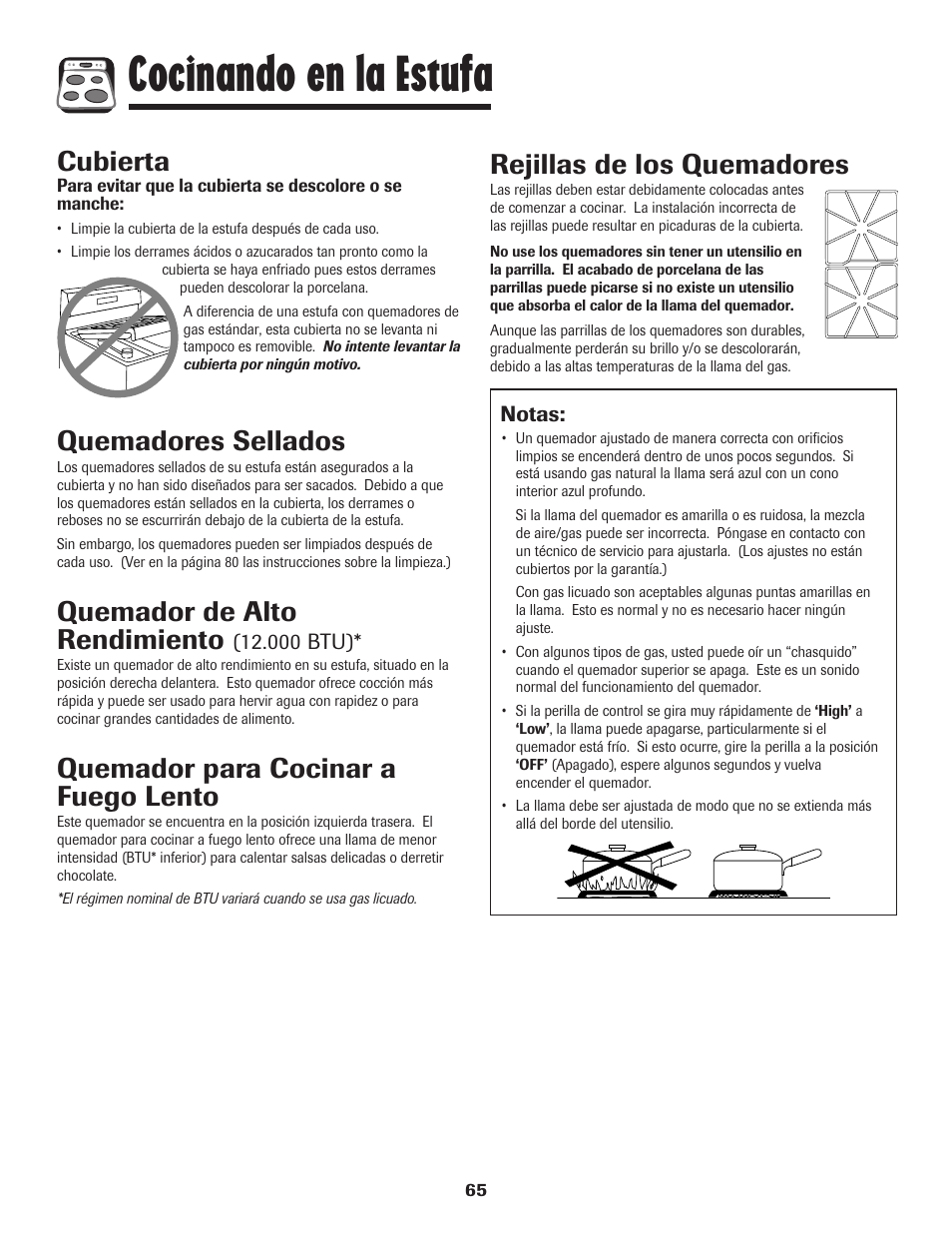 Cocinando en la estufa, Cubierta, Quemadores sellados | Quemador de alto rendimiento, Quemador para cocinar a fuego lento, Rejillas de los quemadores | Amana 8113P515-60 User Manual | Page 66 / 88