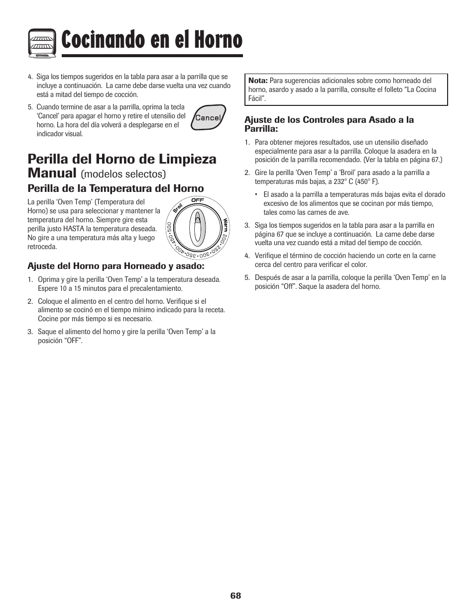 Cocinando en el horno, Perilla del horno de limpieza manual | Amana 8113P515-60 User Manual | Page 69 / 88
