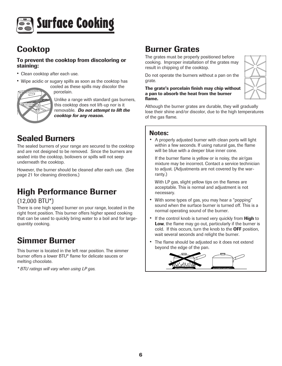 Surface cooking, Cooktop, Sealed burners | High performance burner, Simmer burner, Burner grates | Amana 8113P515-60 User Manual | Page 7 / 88