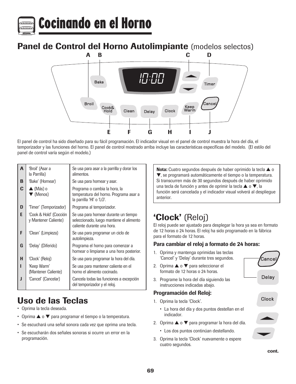 Cocinando en el horno, Panel de control del horno autolimpiante, Clock’ (reloj) | Uso de las teclas, Modelos selectos) | Amana 8113P515-60 User Manual | Page 70 / 88
