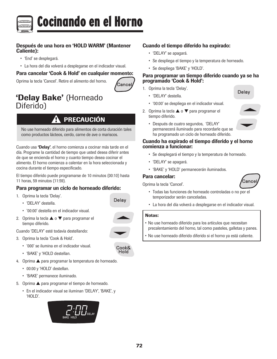 Cocinando en el horno, Delay bake’ (horneado diferido), Precaución | Amana 8113P515-60 User Manual | Page 73 / 88