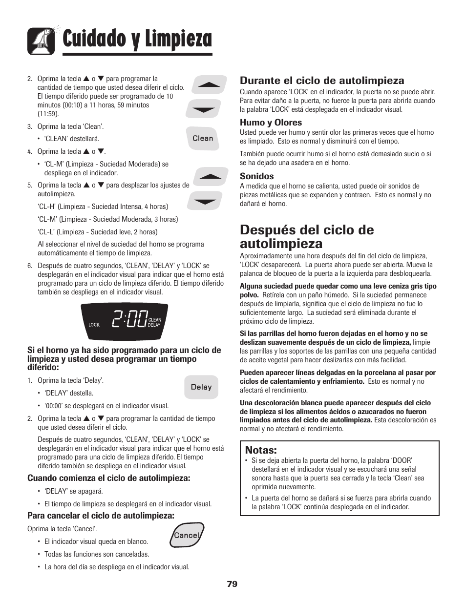 Cuidado y limpieza, Después del ciclo de autolimpieza, Notas | Durante el ciclo de autolimpieza | Amana 8113P515-60 User Manual | Page 80 / 88