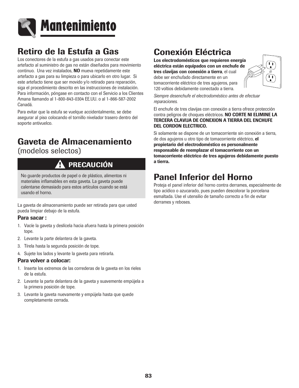 Mantenimiento, Gaveta de almacenamiento, Retiro de la estufa a gas | Conexión eléctrica, Panel inferior del horno, Modelos selectos) | Amana 8113P515-60 User Manual | Page 84 / 88