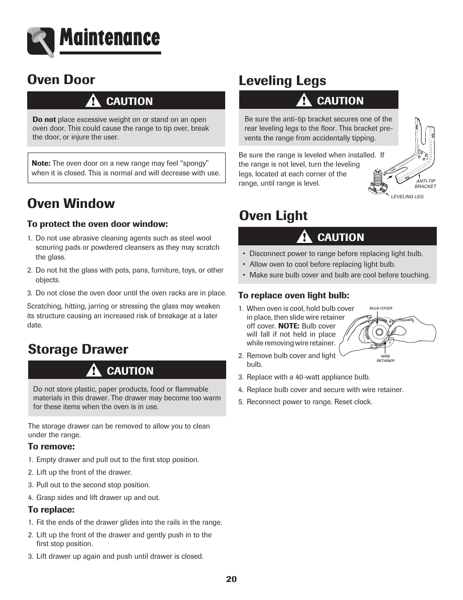 Maintenance, Oven door, Oven window | Leveling legs, Oven light, Storage drawer, Caution | Amana EASY TOUCH CONTROL 500 User Manual | Page 21 / 72