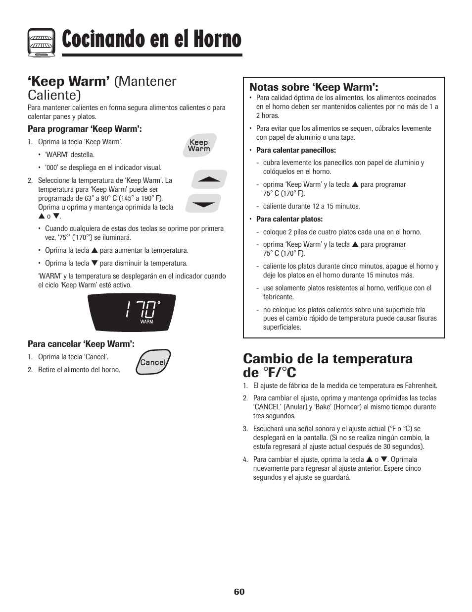 Cocinando en el horno, Keep warm’ (mantener caliente), Cambio de la temperatura de | Notas sobre ‘keep warm | Amana EASY TOUCH CONTROL 500 User Manual | Page 61 / 72