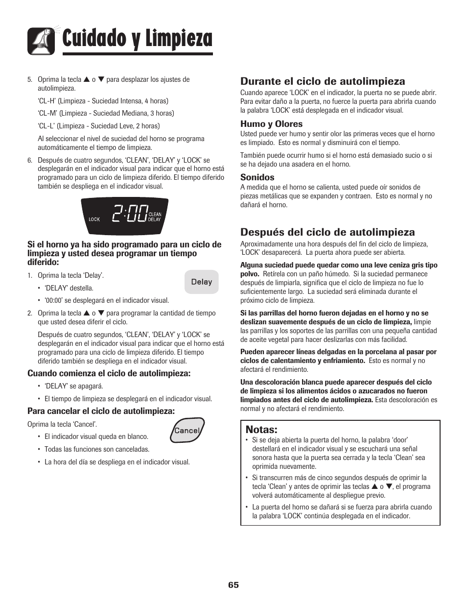 Cuidado y limpieza, Notas, Durante el ciclo de autolimpieza | Después del ciclo de autolimpieza | Amana EASY TOUCH CONTROL 500 User Manual | Page 66 / 72
