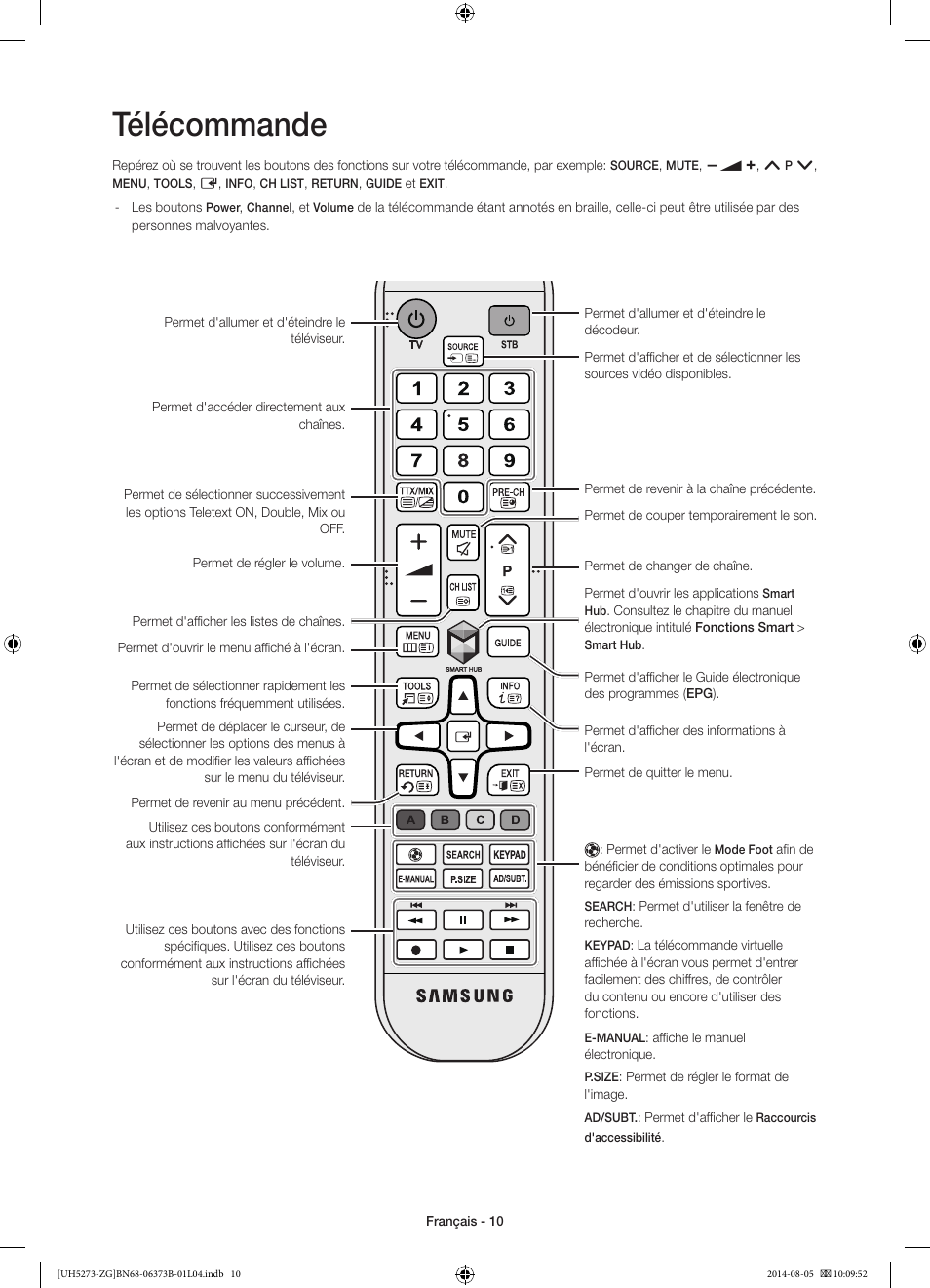 Télécommande | Samsung UE58H5273SS User Manual | Page 50 / 81