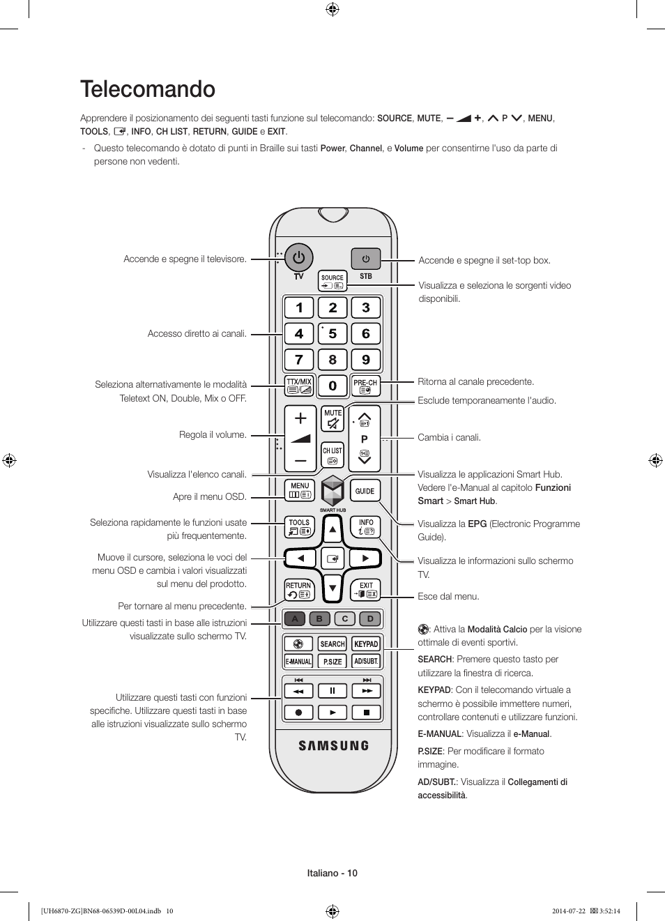 Telecomando | Samsung UE55H6870SS User Manual | Page 70 / 81
