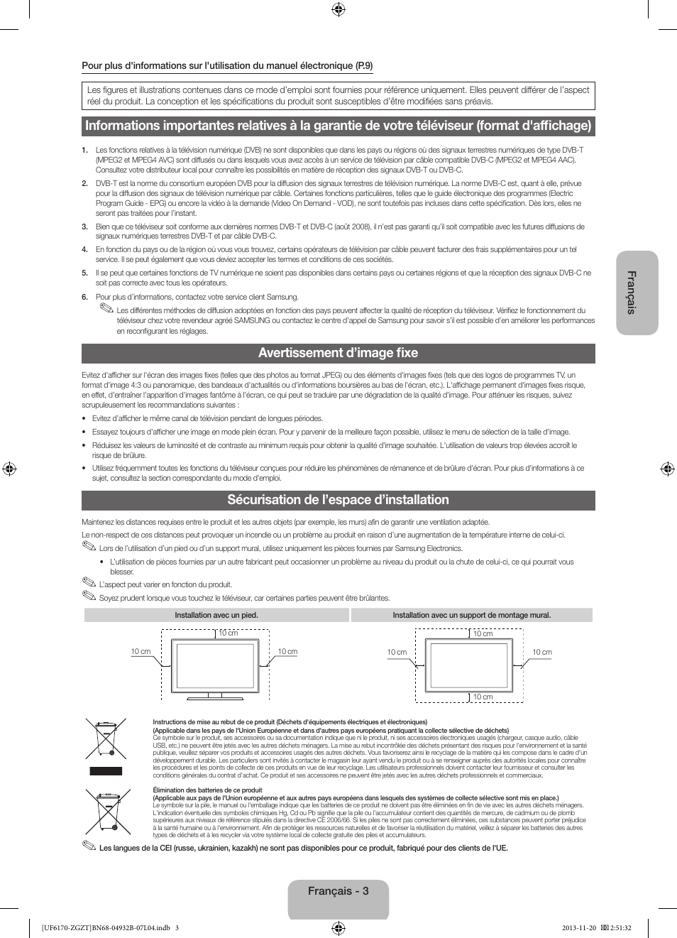 Avertissement d’image fixe, Sécurisation de l’espace d’installation | Samsung UE60F6170SS User Manual | Page 43 / 83
