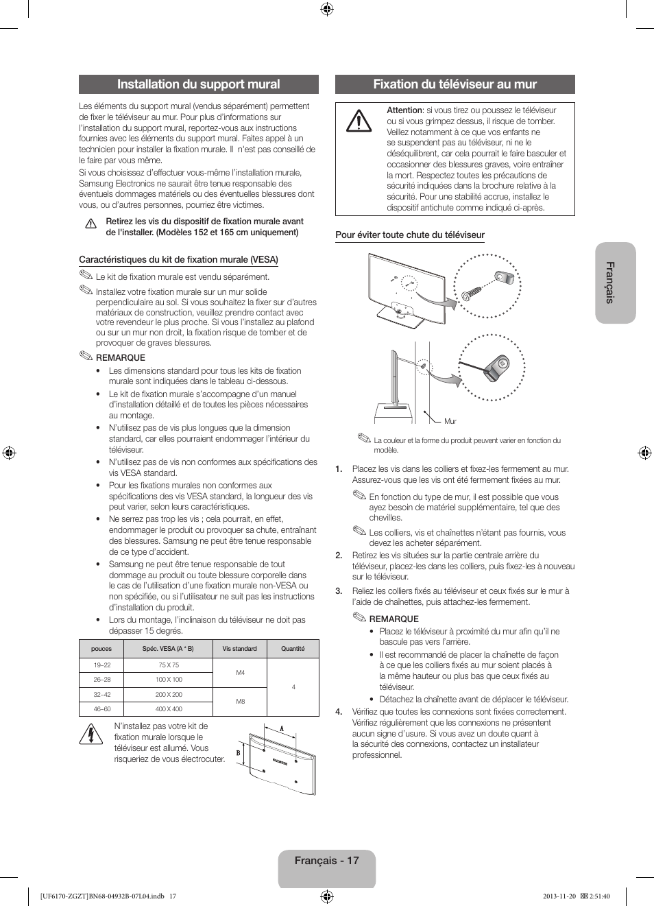 Installation du support mural, Fixation du téléviseur au mur | Samsung UE60F6170SS User Manual | Page 57 / 83