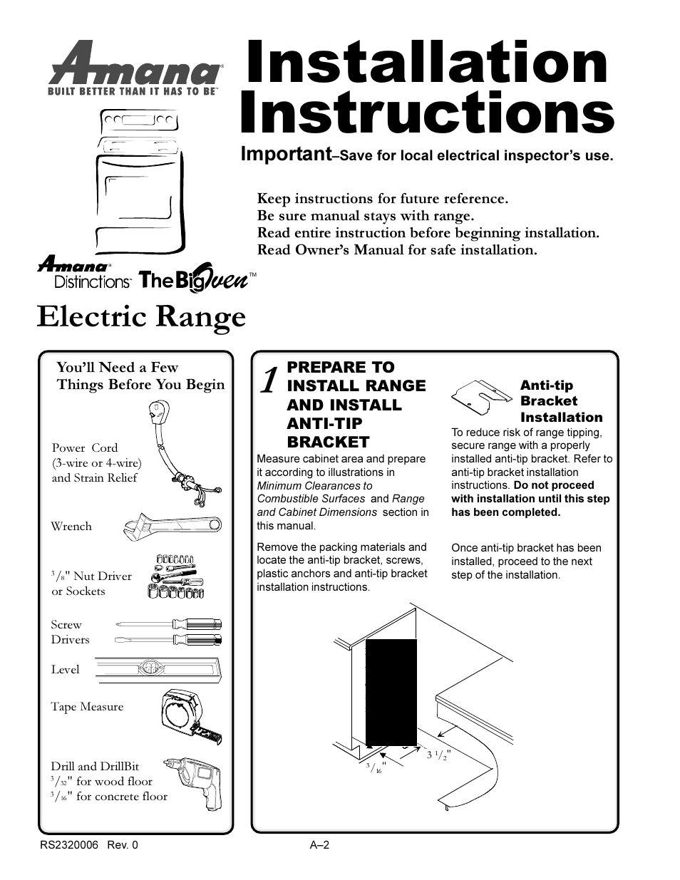Installation, Instructions, Electric range | Important | Amana RS2320006 User Manual | Page 18 / 39