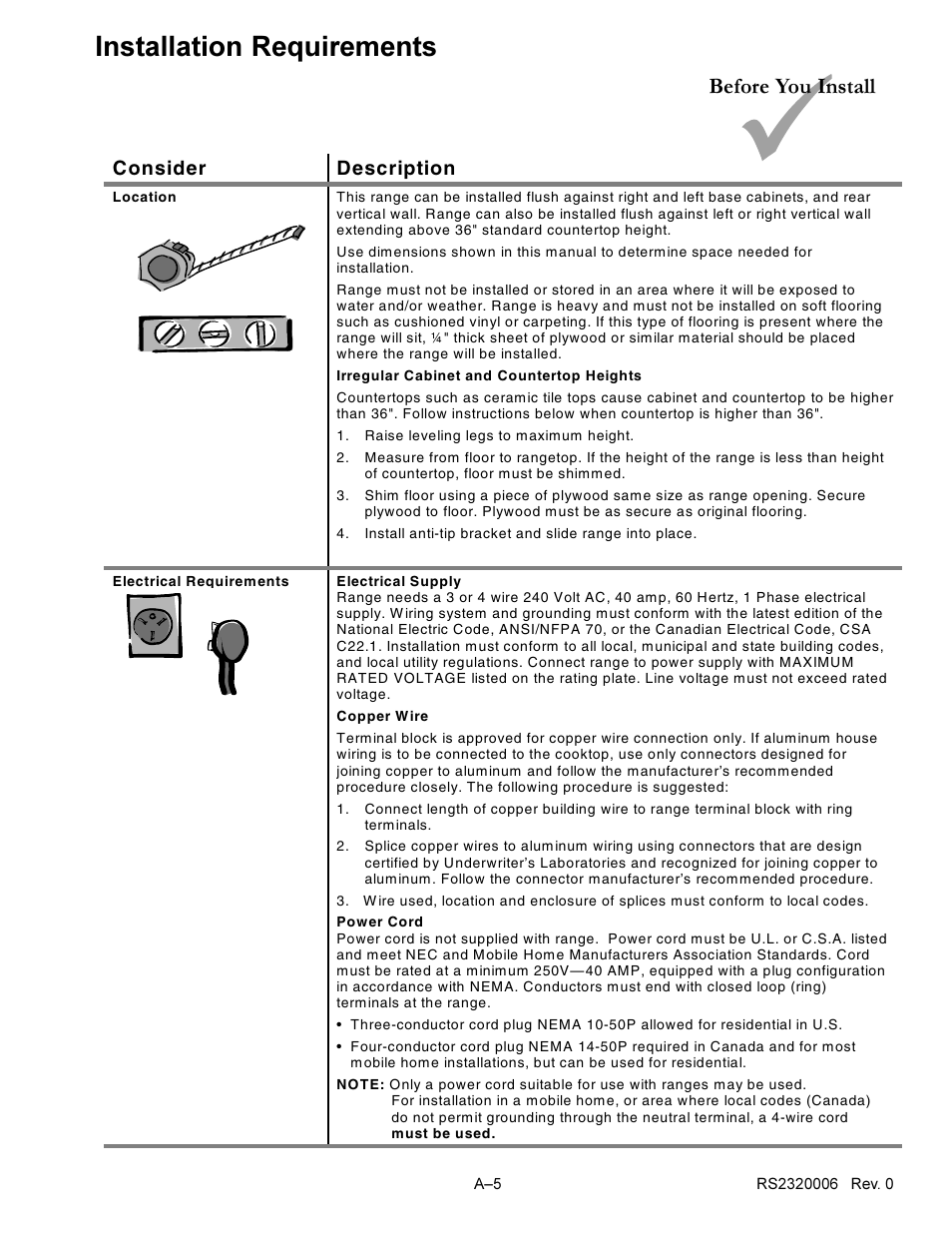 Installation requirements, Before you install, Consider description | Amana RS2320006 User Manual | Page 21 / 39