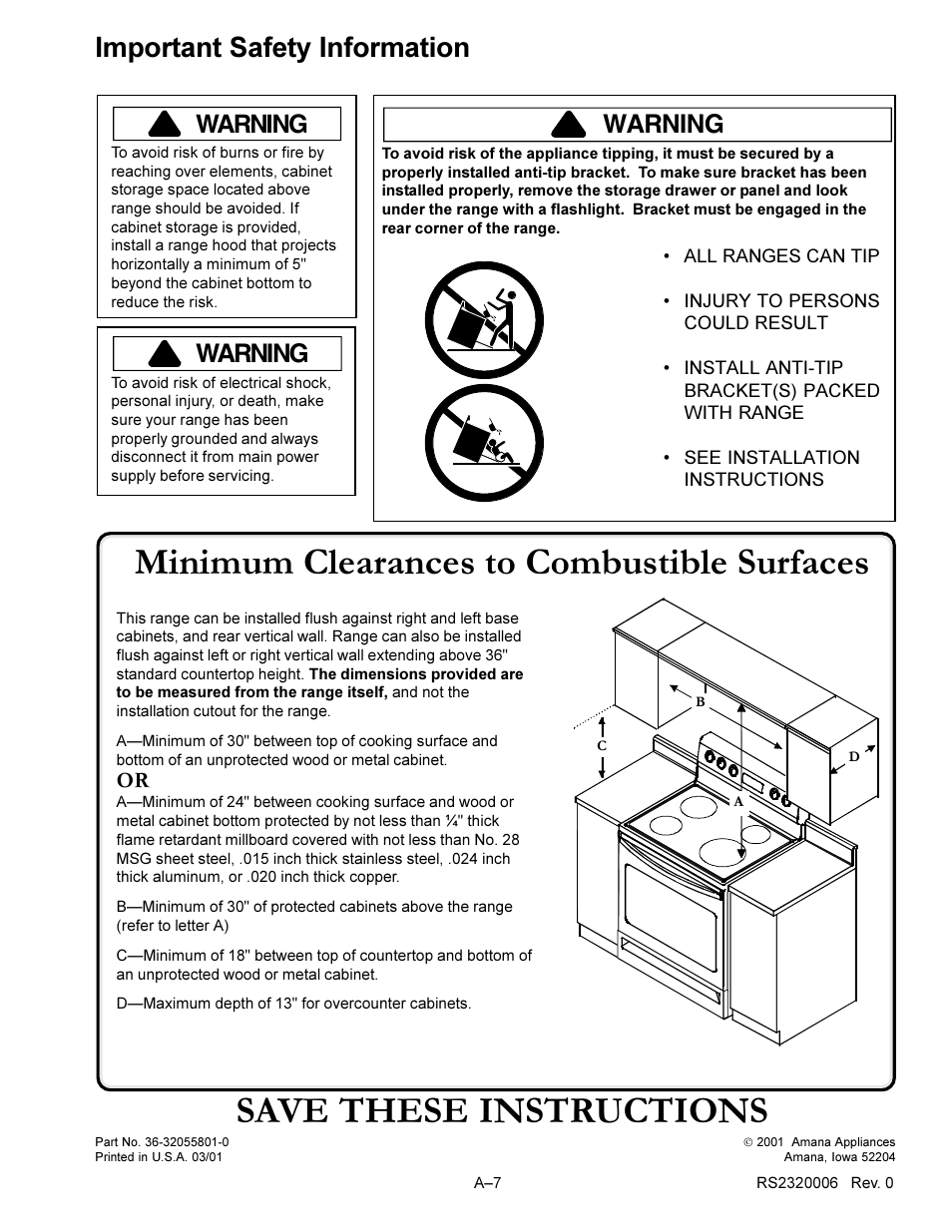 Save these instructions, Minimum clearances to combustible surfaces, Important safety information | Warning | Amana RS2320006 User Manual | Page 23 / 39
