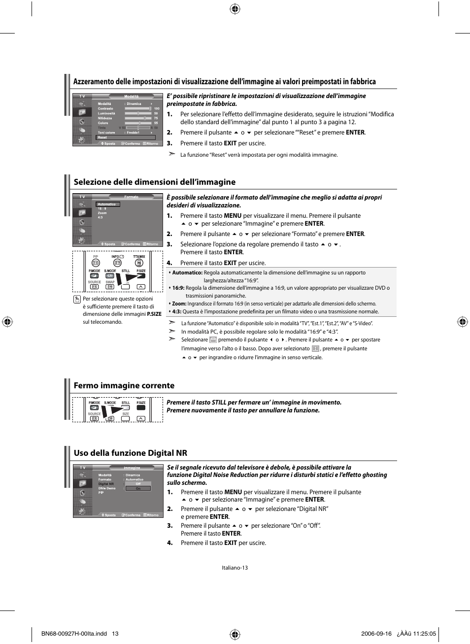 Selezione delle dimensioni dell’immagine, Fermo immagine corrente, Uso della funzione digital nr | Samsung LE32R32B User Manual | Page 171 / 187