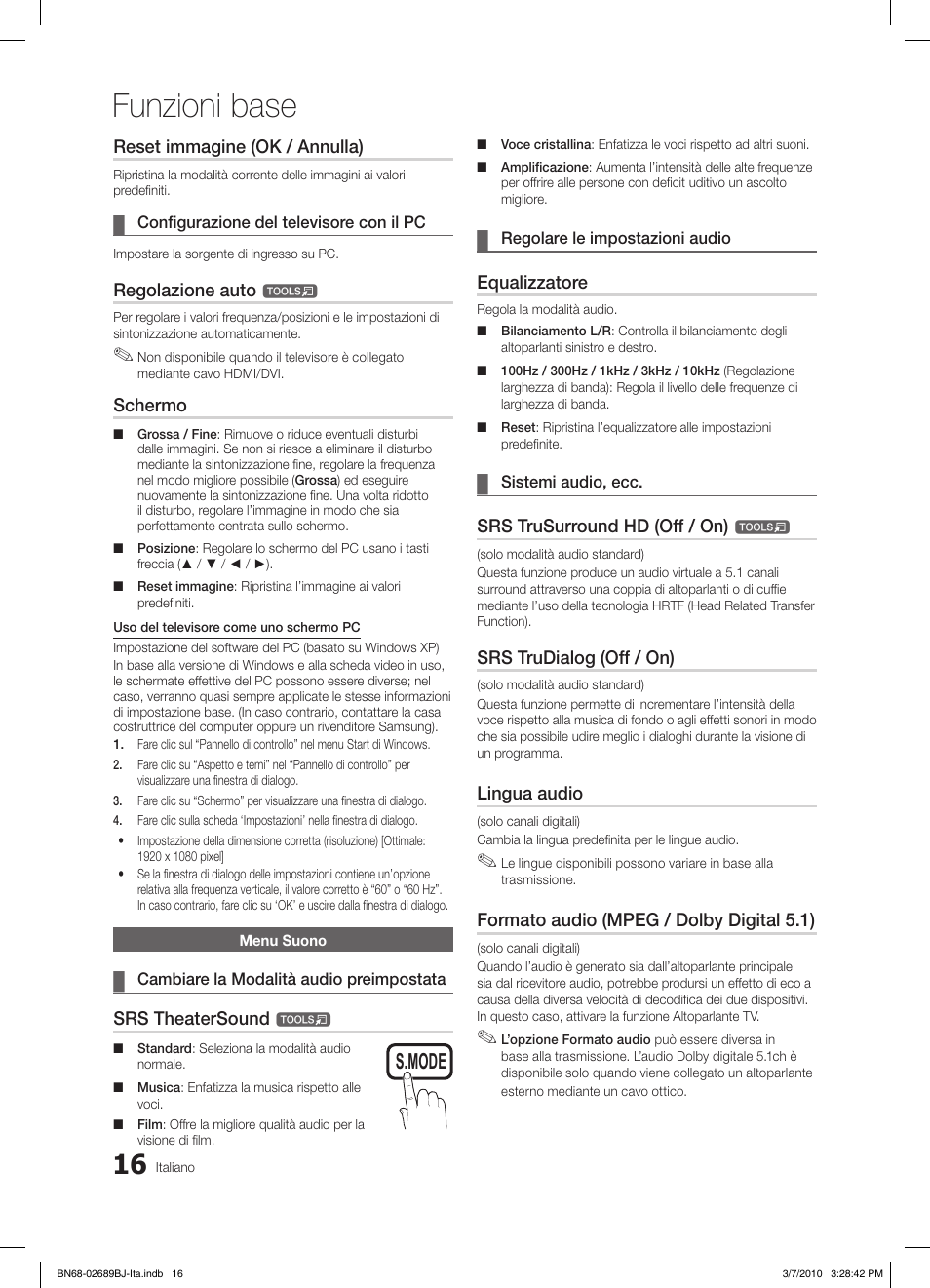 Funzioni base, S.mode p.mode, Reset immagine (ok / annulla) | Regolazione auto, Schermo, Srs theatersound, Equalizzatore, Srs trusurround hd (off / on), Srs trudialog (off / on), Lingua audio | Samsung LE37C630K1W User Manual | Page 163 / 197