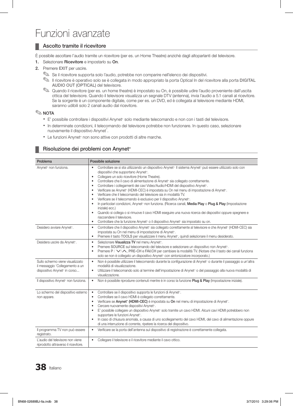 Funzioni avanzate, Ascolto tramite il ricevitore, Risoluzione dei problemi con anynet | Samsung LE37C630K1W User Manual | Page 185 / 197