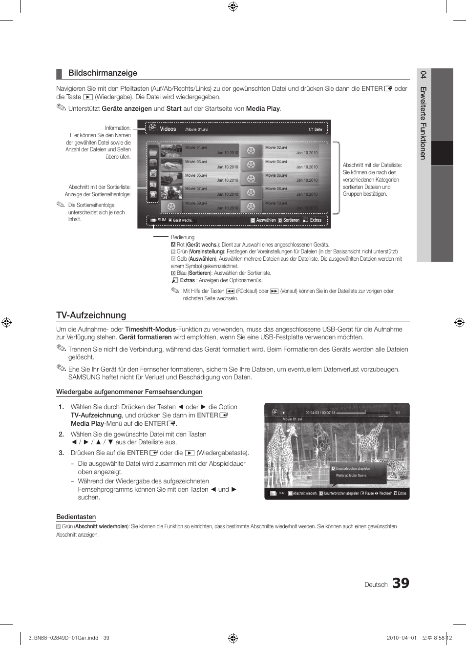 Tv-aufzeichnung, Bildschirmanzeige | Samsung UE46C8700XS User Manual | Page 103 / 258