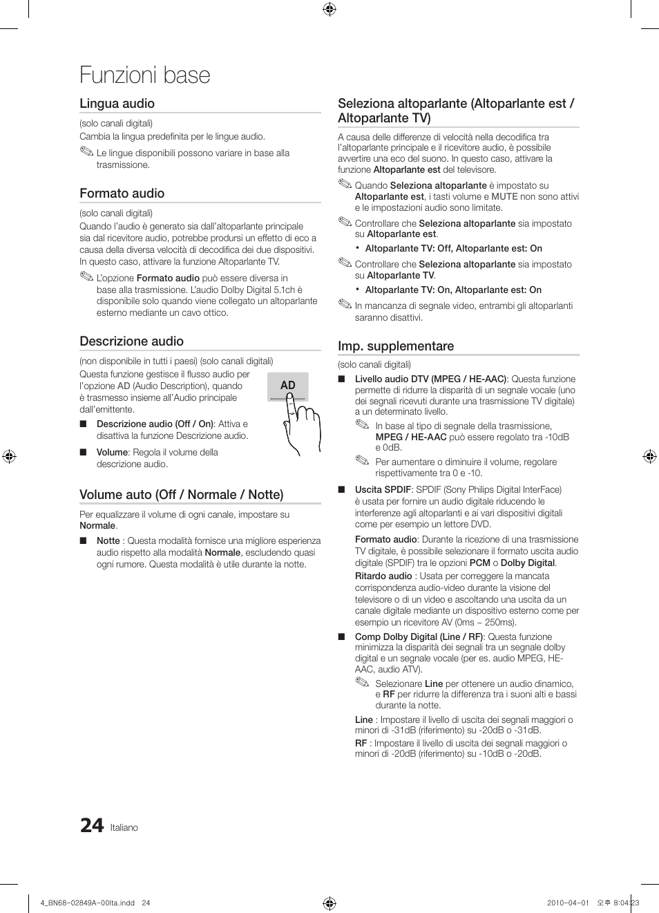 Funzioni base | Samsung UE46C8700XS User Manual | Page 216 / 258