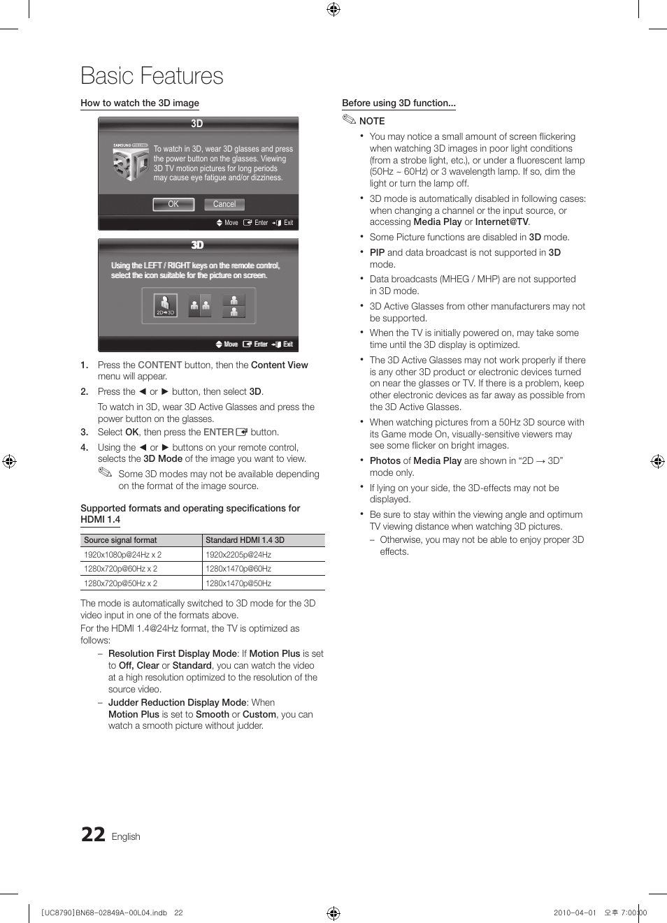 Basic features | Samsung UE46C8700XS User Manual | Page 22 / 258