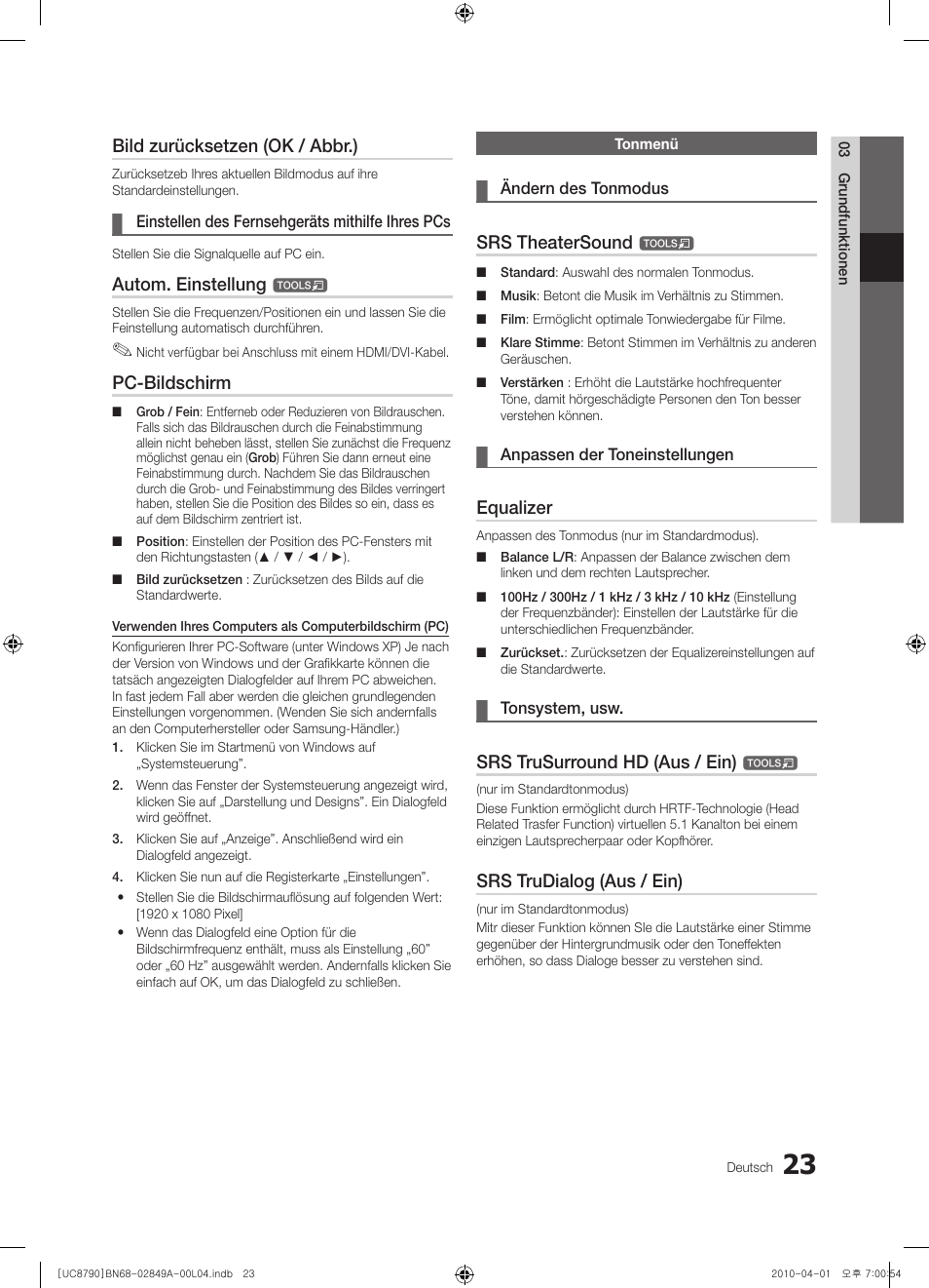 Bild zurücksetzen (ok / abbr.), Autom. einstellung, Pc-bildschirm | Srs theatersound, Equalizer, Srs trusurround hd (aus / ein), Srs trudialog (aus / ein) | Samsung UE46C8700XS User Manual | Page 87 / 258