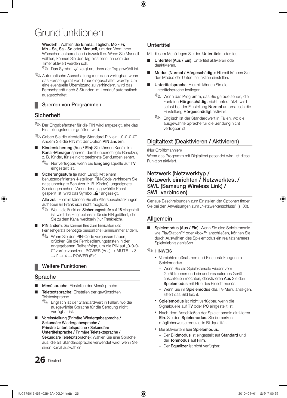 Grundfunktionen, Sicherheit, Sprache | Untertitel, Digitaltext (deaktivieren / aktivieren), Allgemein | Samsung UE46C8700XS User Manual | Page 90 / 258