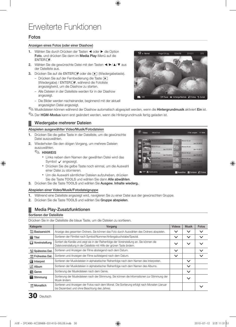 Erweiterte funktionen, Fotos, Wiedergabe mehrerer dateien | Media play-zusatzfunktionen | Samsung PS50C490B3W User Manual | Page 114 / 382
