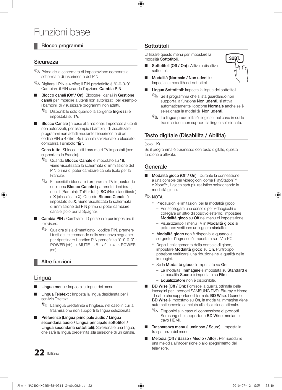 Funzioni base, Sicurezza, Lingua | Sottotitoli, Testo digitale (disabilita / abilita), Generale | Samsung PS50C490B3W User Manual | Page 190 / 382