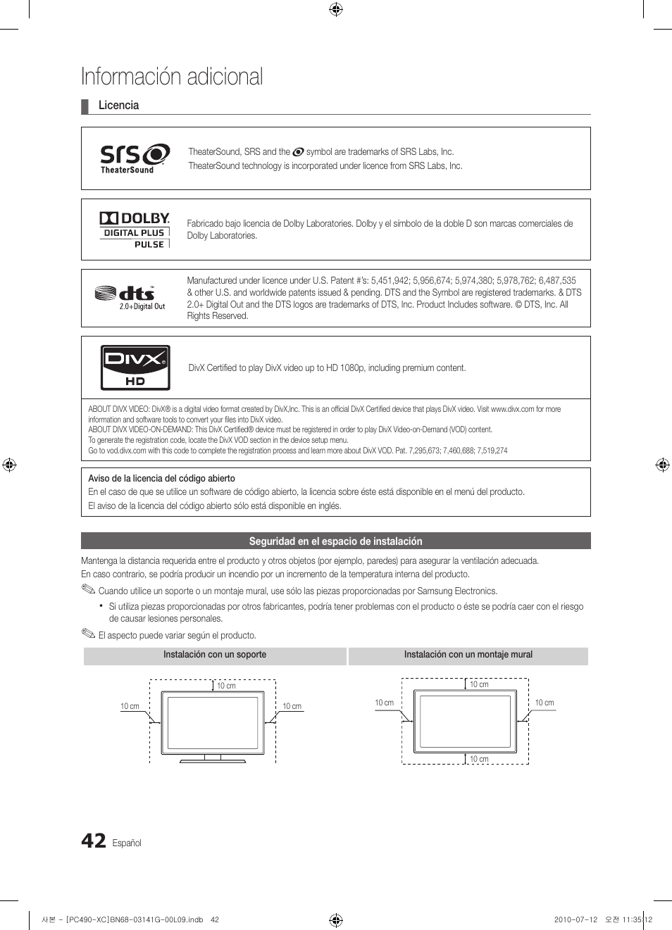 Información adicional | Samsung PS50C490B3W User Manual | Page 254 / 382