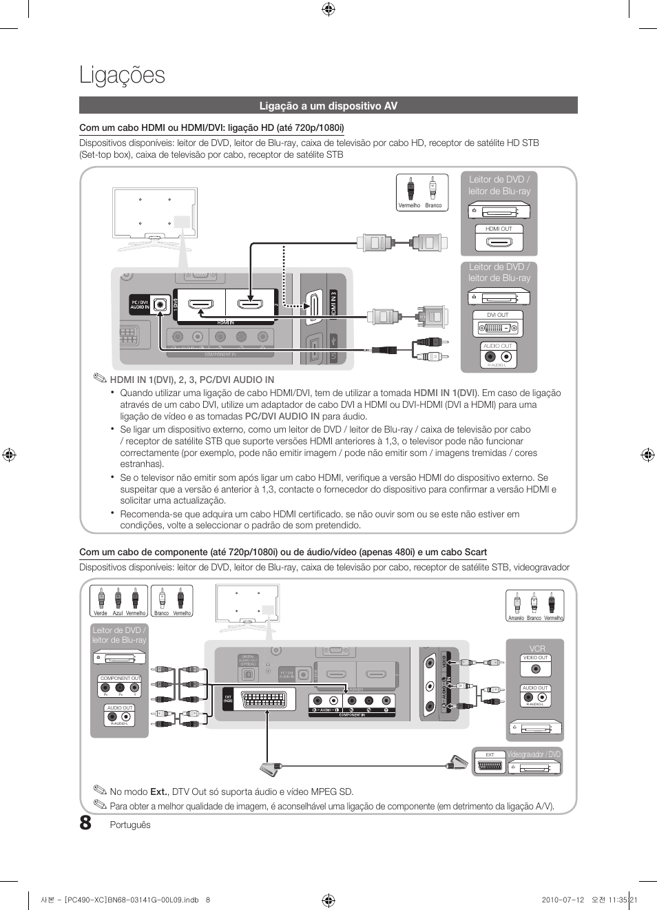 Ligações, Ligação a um dispositivo av | Samsung PS50C490B3W User Manual | Page 262 / 382