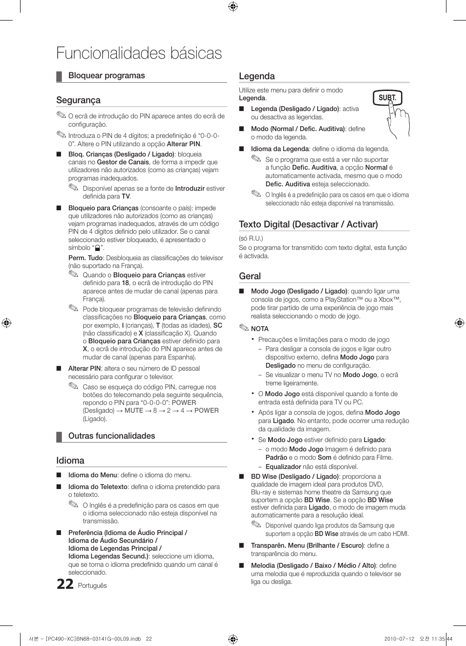 Funcionalidades básicas, Segurança, Idioma | Legenda, Texto digital (desactivar / activar), Geral | Samsung PS50C490B3W User Manual | Page 276 / 382