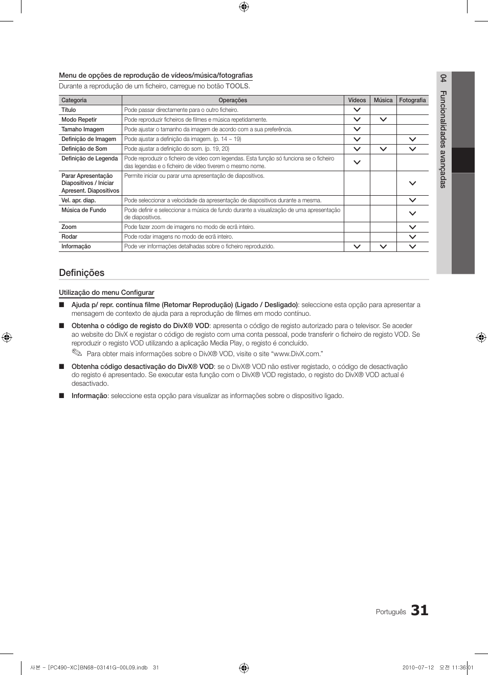 Definições | Samsung PS50C490B3W User Manual | Page 285 / 382