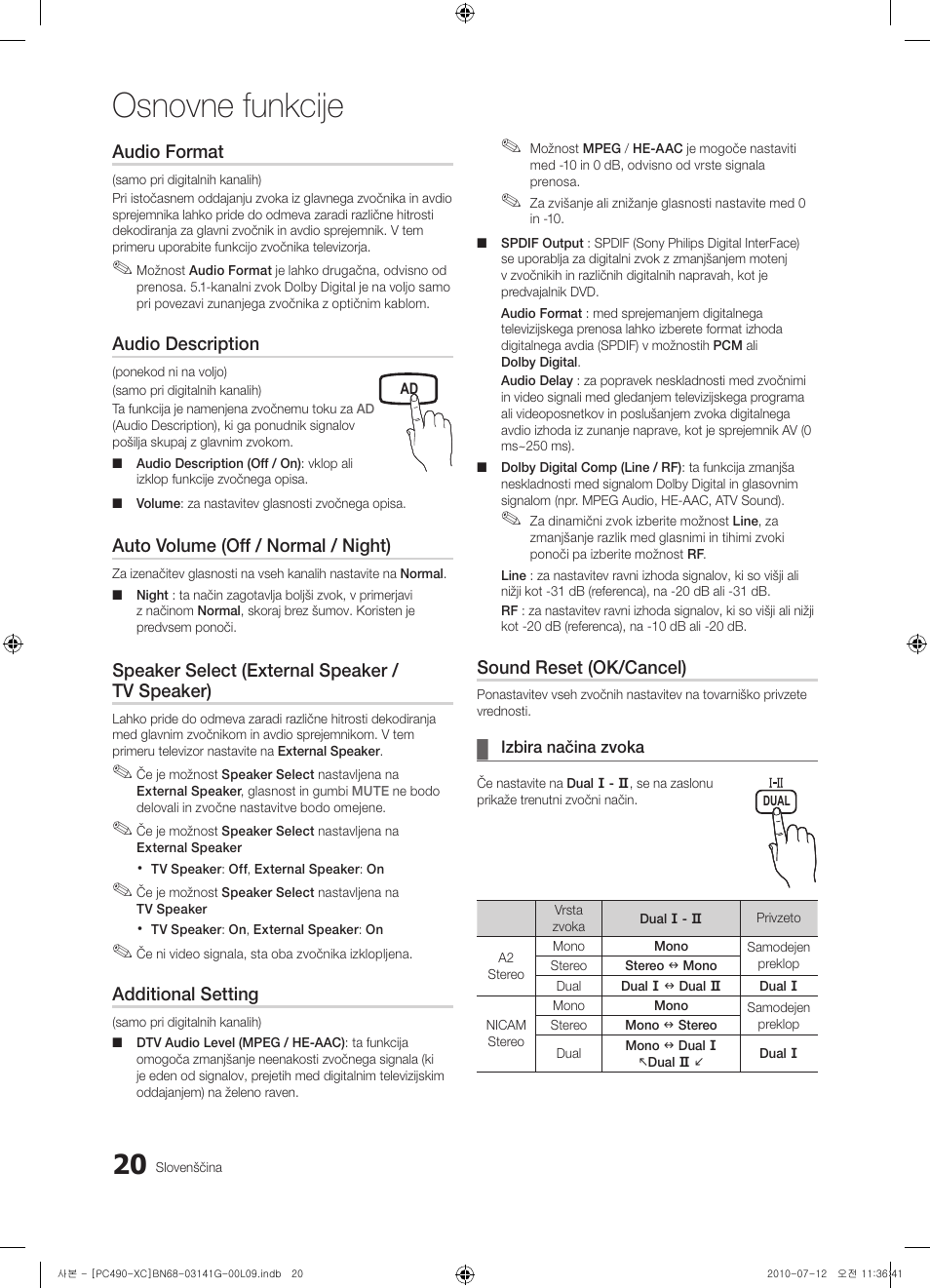 Osnovne funkcije, Audio format, Audio description | Auto volume (off / normal / night), Speaker select (external speaker / tv speaker), Additional setting, Sound reset (ok/cancel) | Samsung PS50C490B3W User Manual | Page 316 / 382