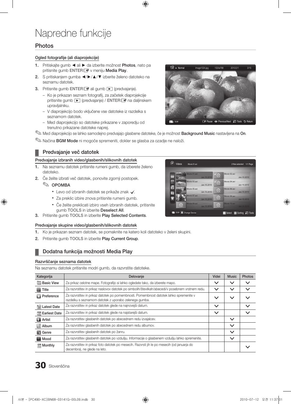 Napredne funkcije, Photos, Predvajanje več datotek | Dodatna funkcija možnosti media play | Samsung PS50C490B3W User Manual | Page 326 / 382