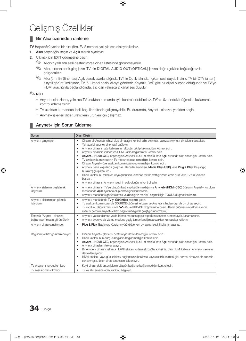 Gelişmiş özellikler | Samsung PS50C490B3W User Manual | Page 372 / 382