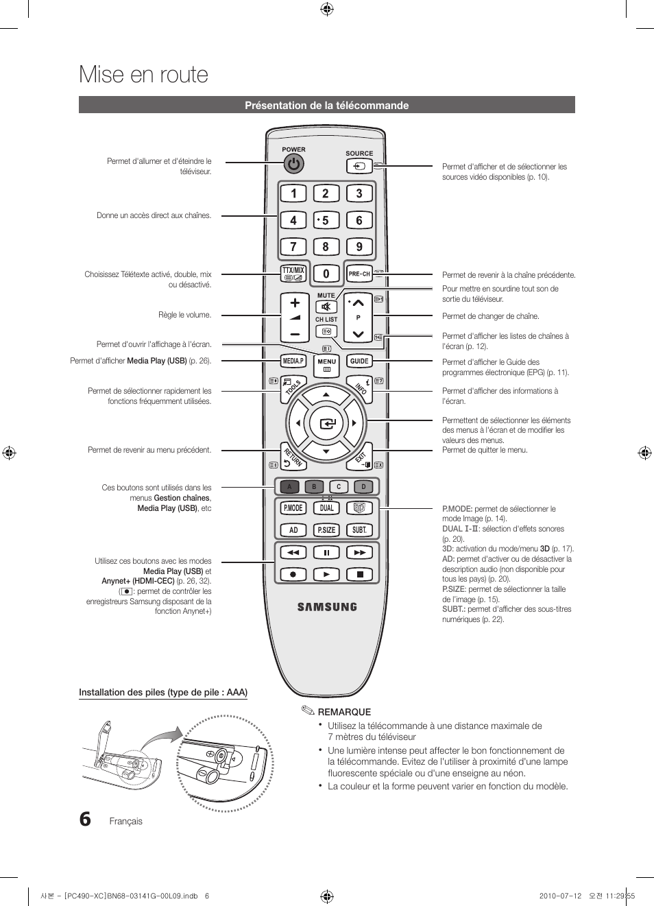 Mise en route | Samsung PS50C490B3W User Manual | Page 48 / 382