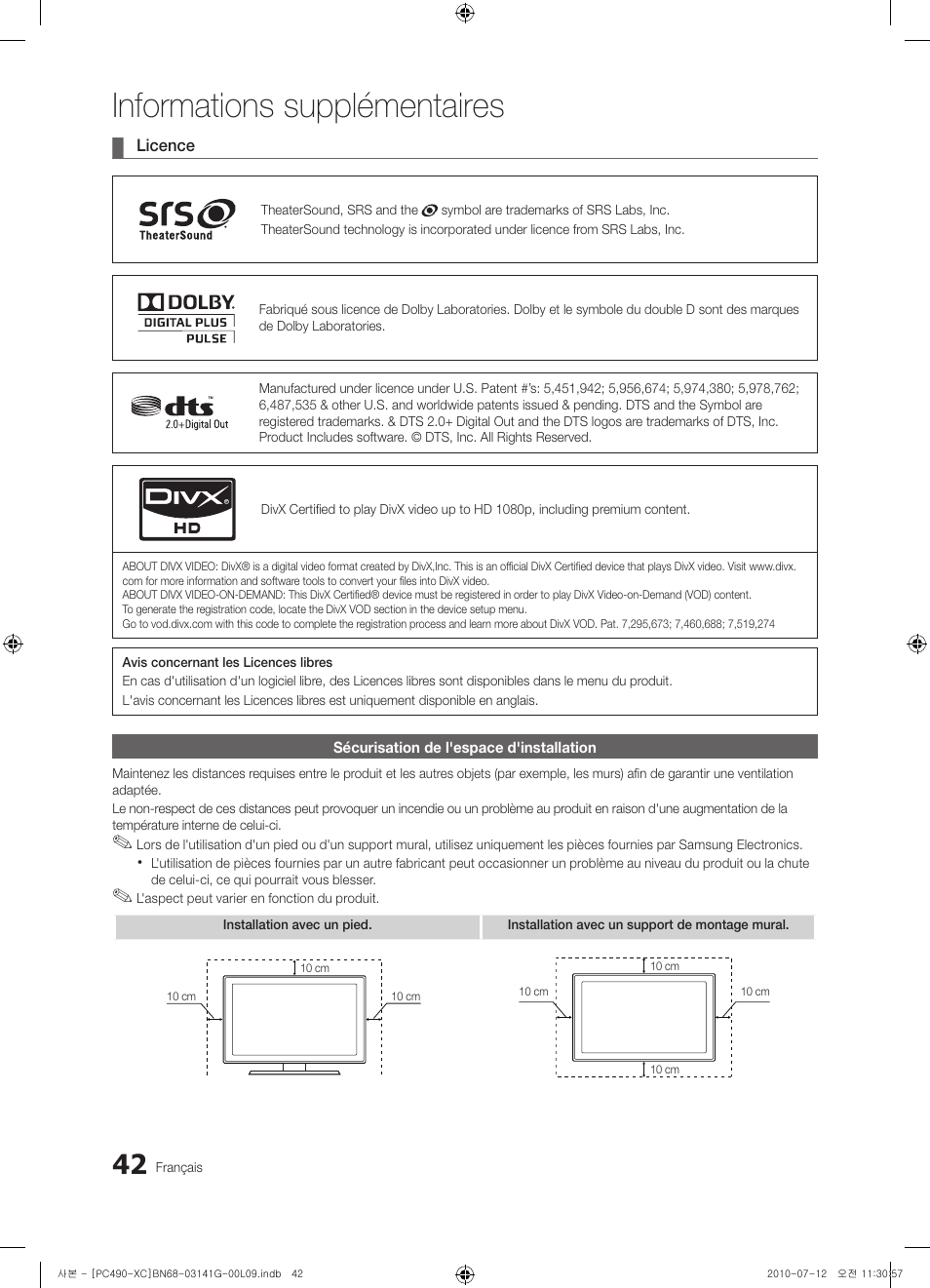 Informations supplémentaires | Samsung PS50C490B3W User Manual | Page 84 / 382